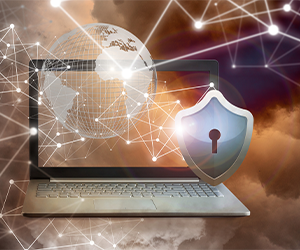 Laptop with shield and lock graphic