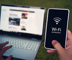 Desk with devices connected over Wi-Fi